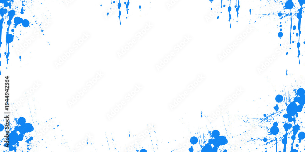 Obraz premium Abstract blue paint splatter border on matte black background includes messy grunge ink drip plus artistic brush texture