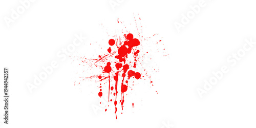 A dramatic red blood splatter on black background for horror movie crime scene thriller abstract dripping paint texture