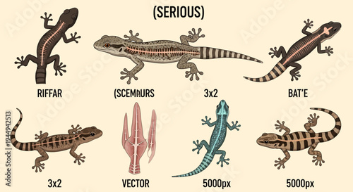 An illustration sheet displaying seven different geckolike lizards and one anatomical diagram