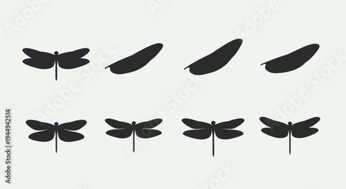 Black silhouette sequence of a dragonfly and its wings in a 2x4 grid