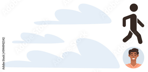 Fitness, identity, self-discovery, relaxation, personal goals, healthy lifestyle. Abstract person walking and a profile icon surrounded by a cloudy backdrop. Fitness and identity creatively