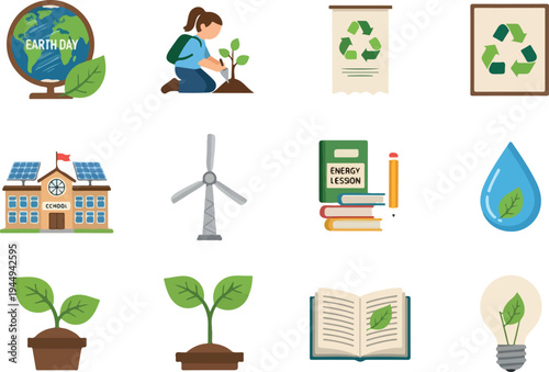 Set of Environmental Icons Earth Day, Renewable Energy, and Eco-Friendly Concepts