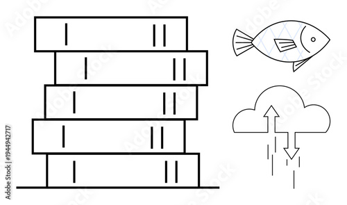 Data illustration. Data by stacked books and cloud symbol with upload and download arrows. Data abstraction in visual form. For education, cloud services, technology, learning, creativity