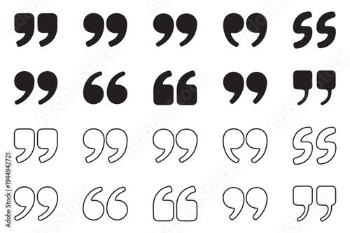 Set of quote mark. Quotes icon vector set. Quotemarks outline, speech marks, inverted commas or talking marks collection. Talk bubble speech icon. Black quotes icon. Vector illustration