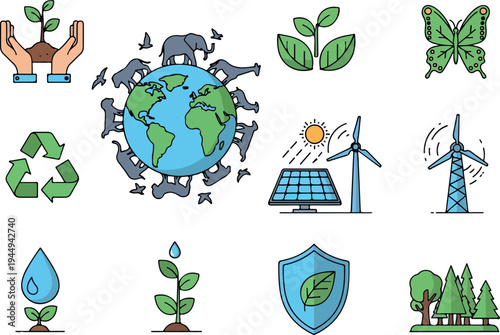 Diverse collection of environmental and ecological icons promoting sustainability and renewable energy solutions