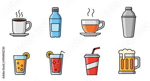 Collection of stylized beverage icons featuring hot drinks, cold drinks, and water bottles