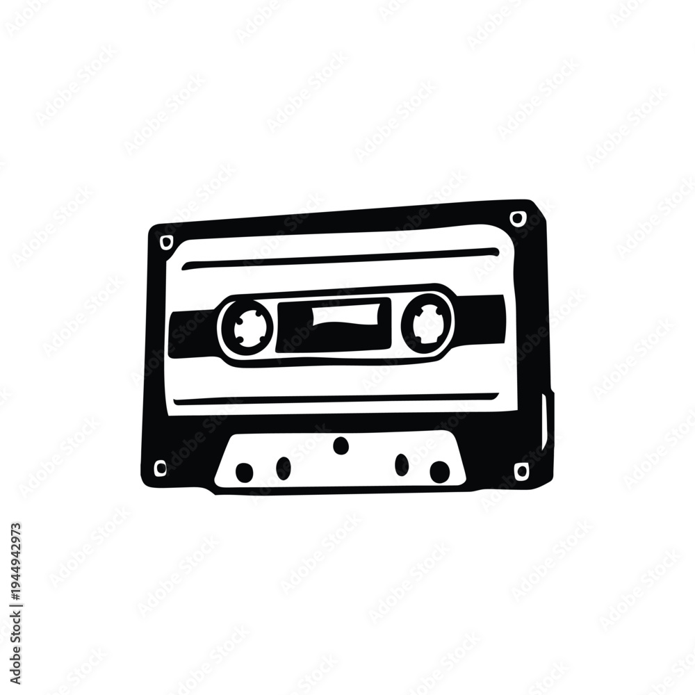 Fototapeta premium Black and white illustration of hand drawn style cassette tape vintage vector art