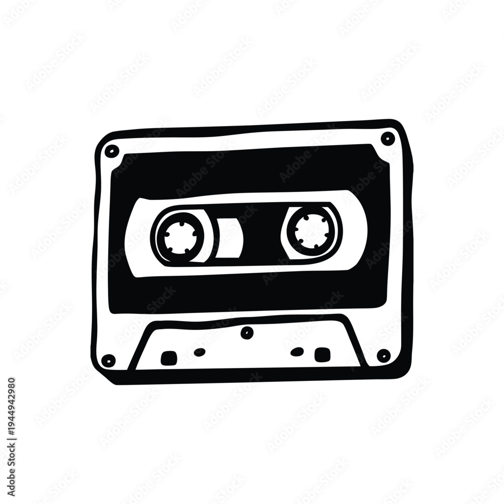 Fototapeta premium Black and white illustration of hand drawn style cassette tape vintage vector art