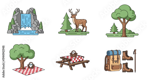 Outdoor Adventure and Nature Icons Waterfall, Deer, Picnic, Hiking Gear, and Trees