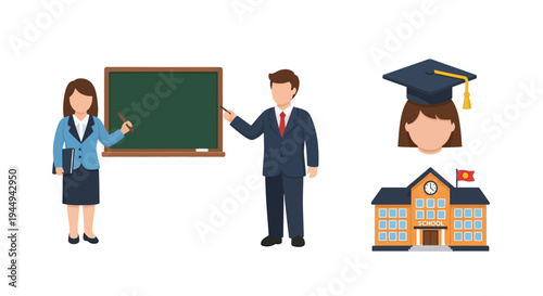 Educational icons representing teacher, student, and school building with graduation cap on a white background