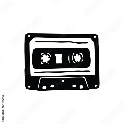 Black and white illustration of hand drawn style cassette tape vintage vector art