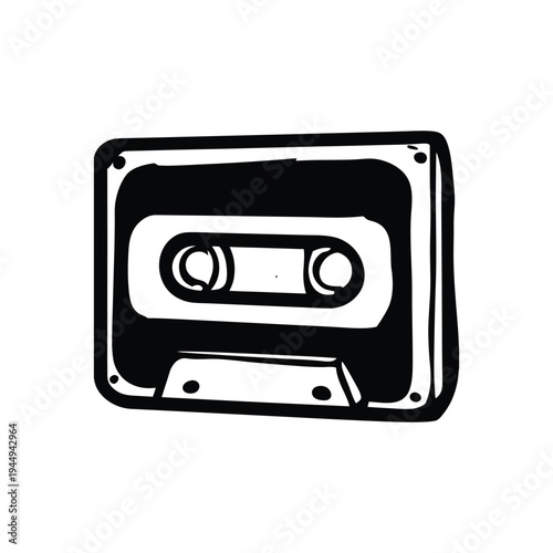 Black and white illustration of hand drawn style cassette tape vintage vector art