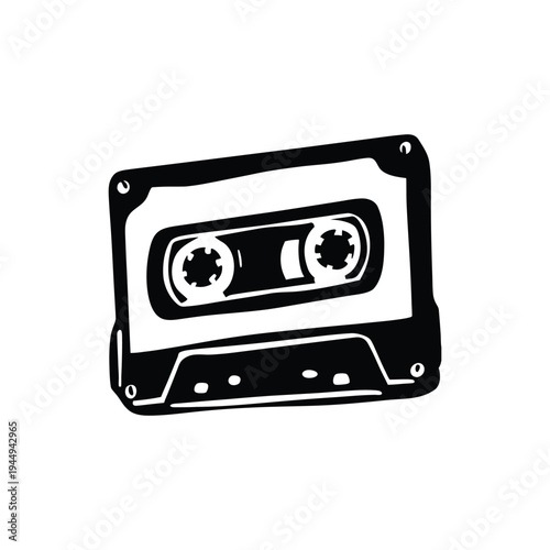 Black and white illustration of hand drawn style cassette tape vintage vector art
