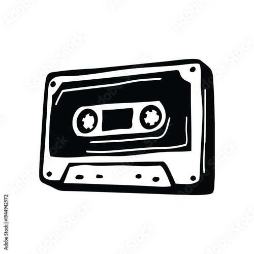 Black and white illustration of hand drawn style cassette tape vintage vector art