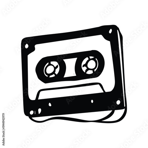 Black and white illustration of hand drawn style cassette tape vintage vector art