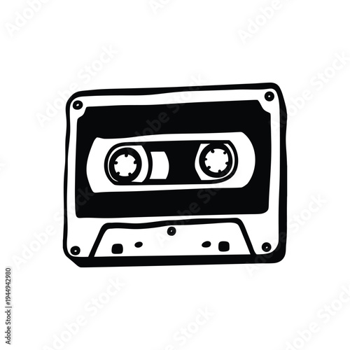 Black and white illustration of hand drawn style cassette tape vintage vector art
