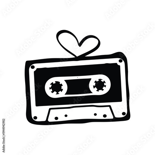 Black and white illustration of hand drawn style cassette tape vintage vector art