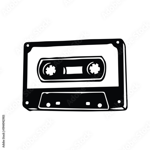 Black and white illustration of hand drawn style cassette tape vintage vector art