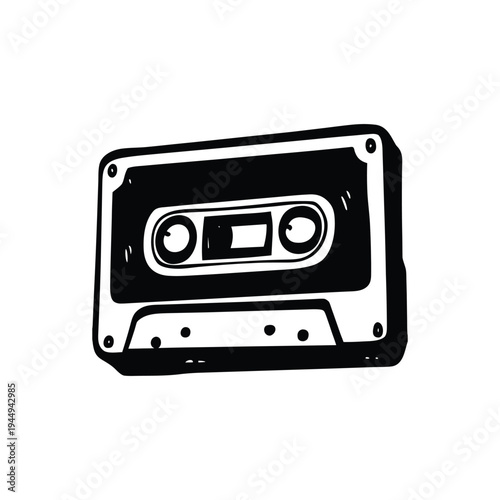 Black and white illustration of hand drawn style cassette tape vintage vector art