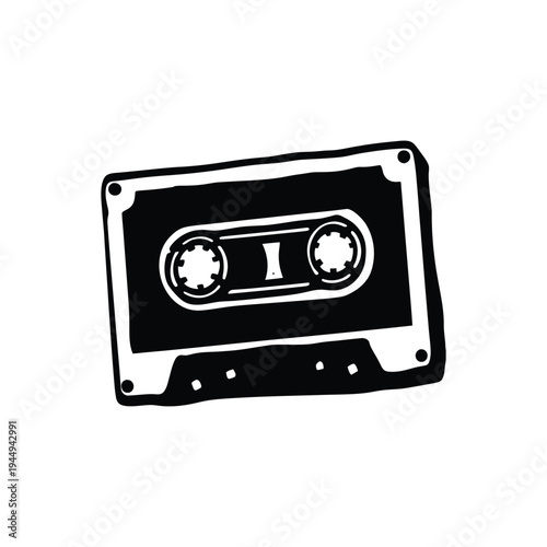 Black and white illustration of hand drawn style cassette tape vintage vector art