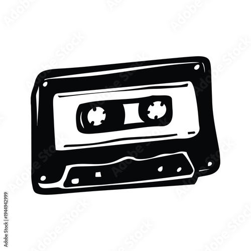 Black and white illustration of hand drawn style cassette tape vintage vector art
