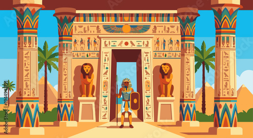 Egyptian Soldier Guarding Temple

Flat vector illustration of an ancient Egyptian soldier standing guard at a temple entrance. Tall columns, hieroglyphs, and statues visible. Flat vector style,