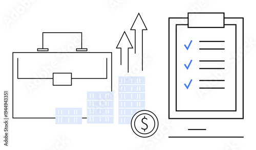 Business planning, finance management, goal setting, productivity, investment, idea development. Briefcase, rising arrows stacks of coins and a checklist. Business planning and finance management