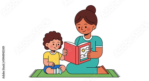 A mother and son sitting on the floor, enjoying a children's book together, illustrating a moment of shared learning and bonding
