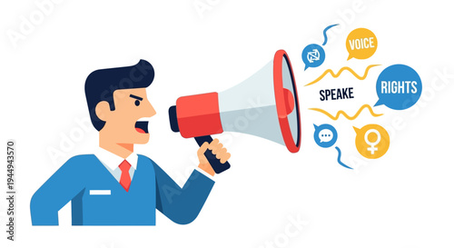 A person shouts through a megaphone, advocating for voice and rights