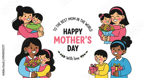 Happy Mother's Day greeting card with cartoon mothers and children celebrating together