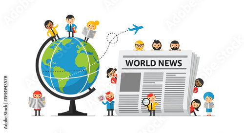 A vibrant illustration depicting diverse people across the globe gathering and interacting with international news and critical information