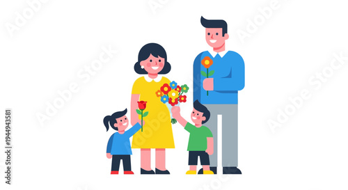 A happy family with mom, dad, and two children holding flowers on white background