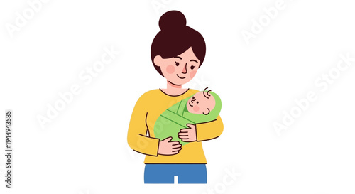 An illustration depicting a loving mother embracing her swaddled newborn, symbolizing maternal care, family, and the beginning of a beautiful journey