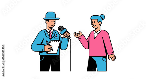 Journalist interviewing a person with a microphone and notepad, conveying the essence of news reporting and public interaction