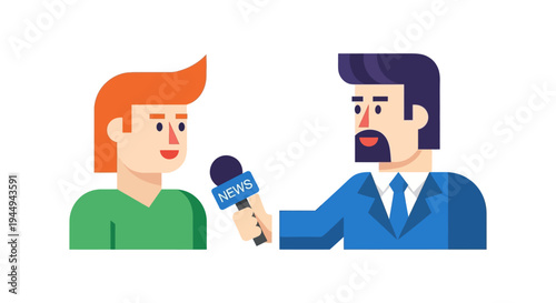 Journalist interviewing a man with microphone live broadcast news event isolated flat illustration