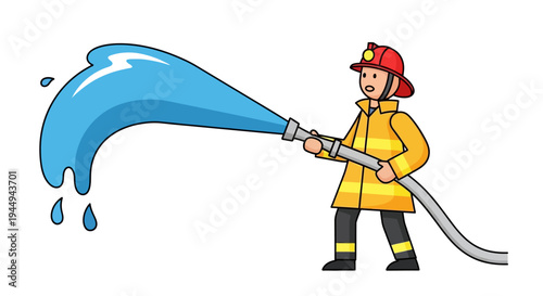 Brave Cartoon Firefighter Extinguishes Fire with Powerful Water Stream from a High-Pressure Hose
