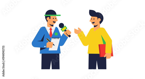 Journalist interviewing a person with a microphone and notepad