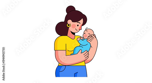 Loving Mother Gently Cradling Her Newborn Baby, Expressing Tenderness and Care in a Warm Embrace, Vector Illustration