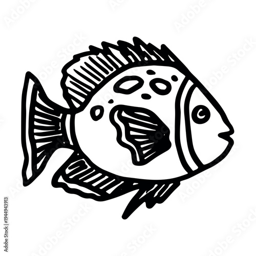 Hand drawn happy funny cute fish Adorable friendly kawaii tropical fish Underwater world sea life ocean Fishing seafood For design, kids print, kids books, nursery decor, coloring pages, logo