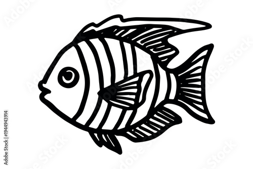 Hand drawn happy funny cute fish Adorable friendly kawaii tropical fish Underwater world sea life ocean Fishing seafood For design, kids print, kids books, nursery decor, coloring pages, logo