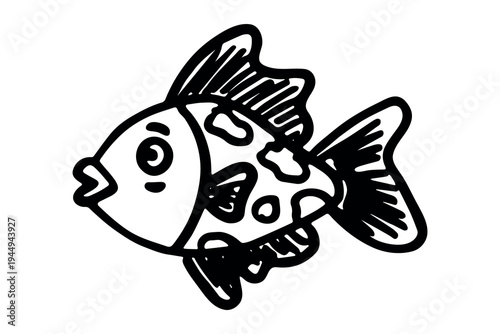 Hand drawn happy funny cute fish Adorable friendly kawaii tropical fish Underwater world sea life ocean Fishing seafood For design, kids print, kids books, nursery decor, coloring pages, logo
