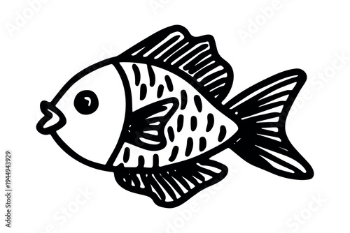 Hand drawn happy funny cute fish Adorable friendly kawaii tropical fish Underwater world sea life ocean Fishing seafood For design, kids print, kids books, nursery decor, coloring pages, logo