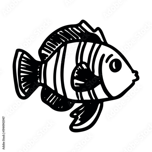 Hand drawn happy funny cute fish Adorable friendly kawaii tropical fish Underwater world sea life ocean Fishing seafood For design, kids print, kids books, nursery decor, coloring pages, logo