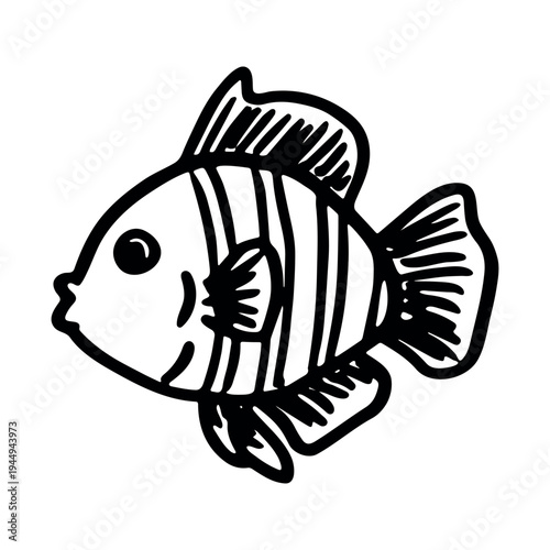 Hand drawn happy funny cute fish Adorable friendly kawaii tropical fish Underwater world sea life ocean Fishing seafood For design, kids print, kids books, nursery decor, coloring pages, logo