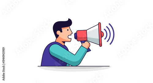 Dynamic vector illustration of a man loudly communicating with a megaphone, symbolizing urgent public announcements and marketing strategies
