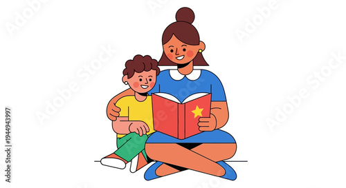 Mother and Son Reading a Book Together, Enjoying a Quiet Moment of Shared Learning and Imagination