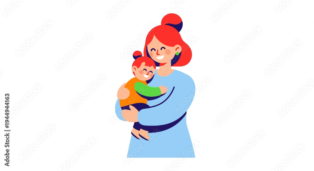 Naklejka premium Joyful illustration of a loving mother embracing her happy child, depicting family bonds and tender care