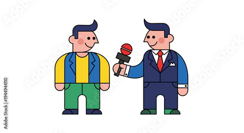 Journalist interviewing a happy man holding a microphone, illustrating a successful conversation or event