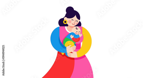 Illustration of a mother tenderly holding her baby with love and care