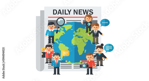 Global News Coverage Diverse People and Media Representing World Events on Newspaper